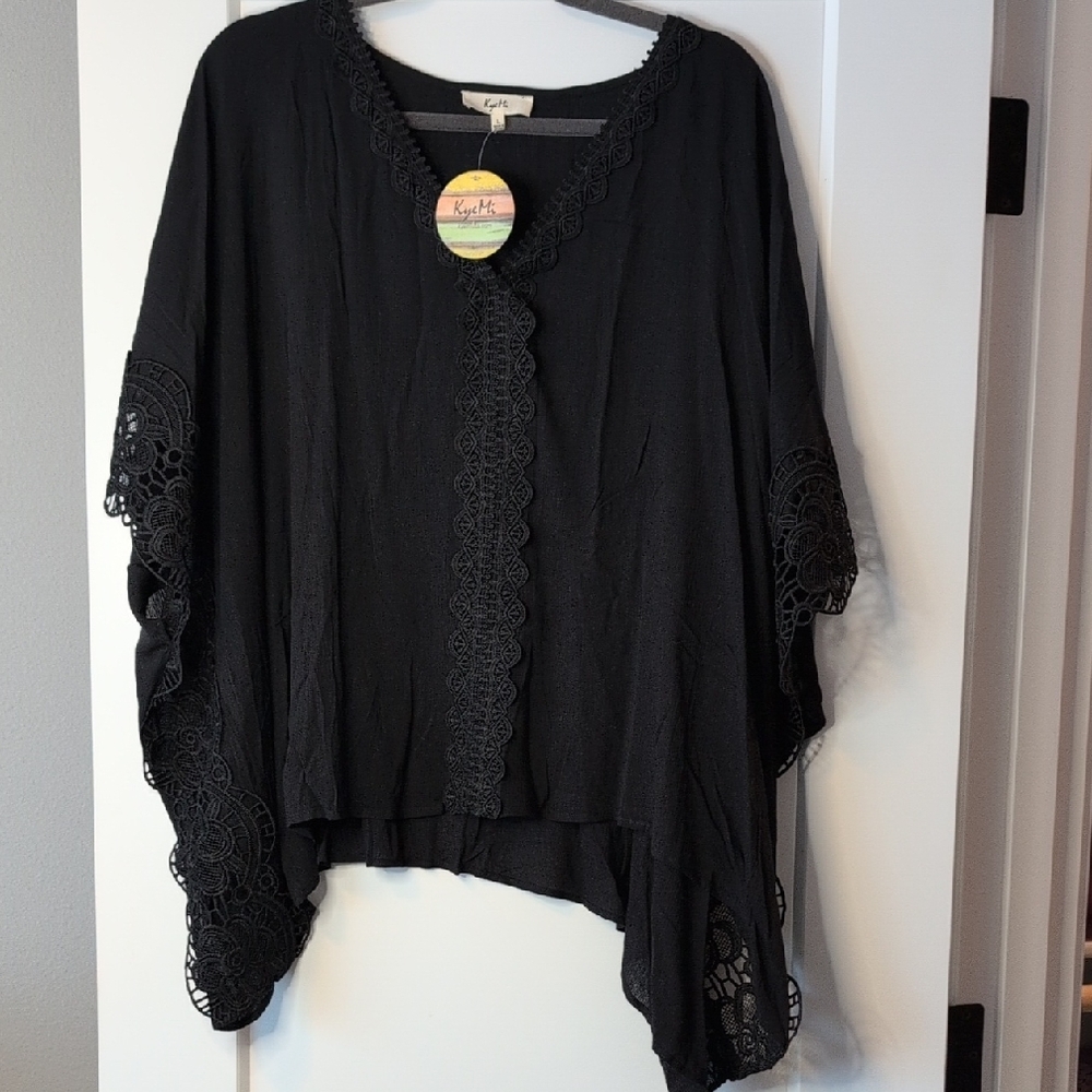 Black Lace Trim Kimono Cardigan